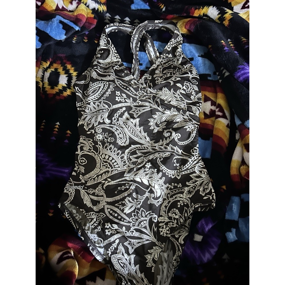 Speedo Womens One‎ Piece Swimsuit Size 6 Black White Paisley Halter Keyhole Back